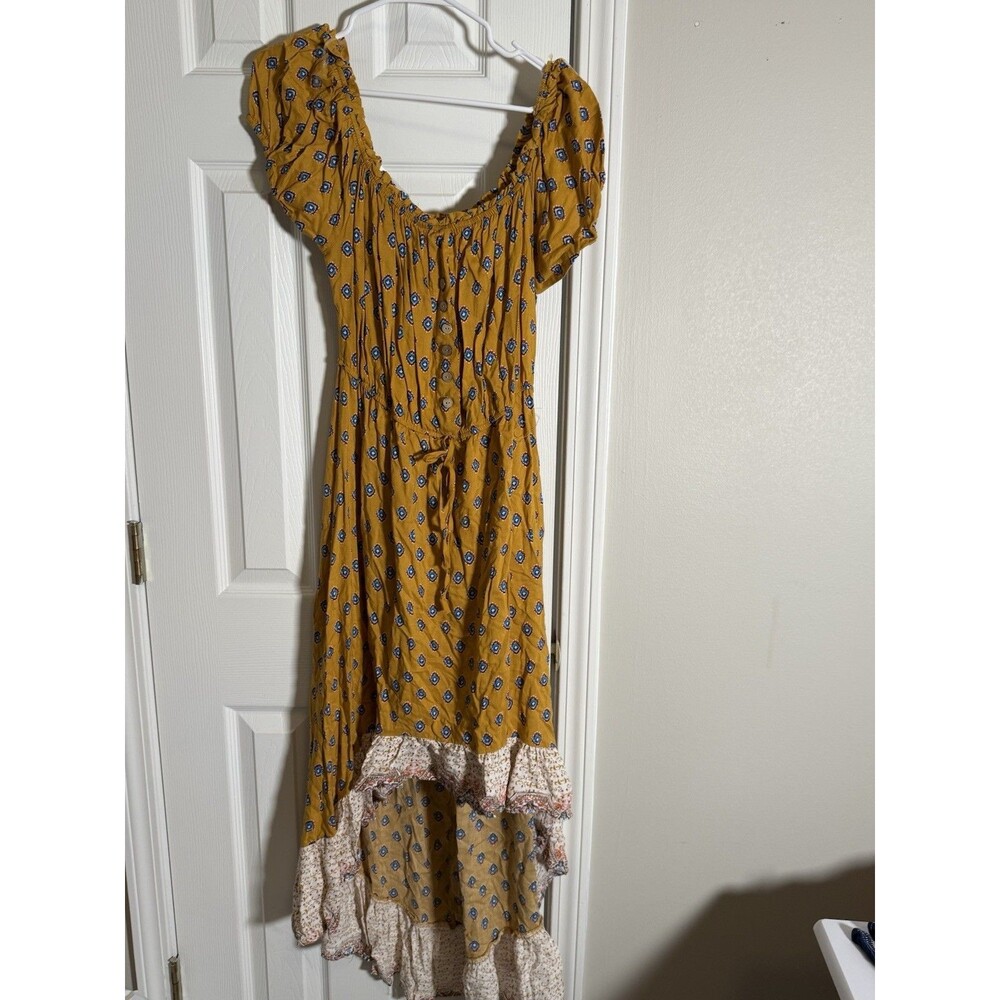 New Look Floral Puff Sleeve Midi Dress Blue Yellow White V-Neck Tie Waist XL - Picture 10 of 12